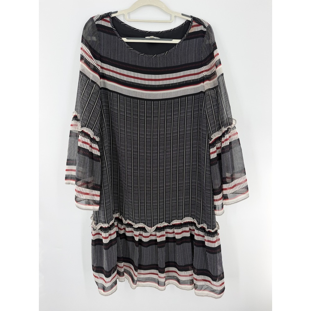 Max Studio Women Black Red Striped Bell Sleeve Ruffle Hem Shift Dress M 6911Y61